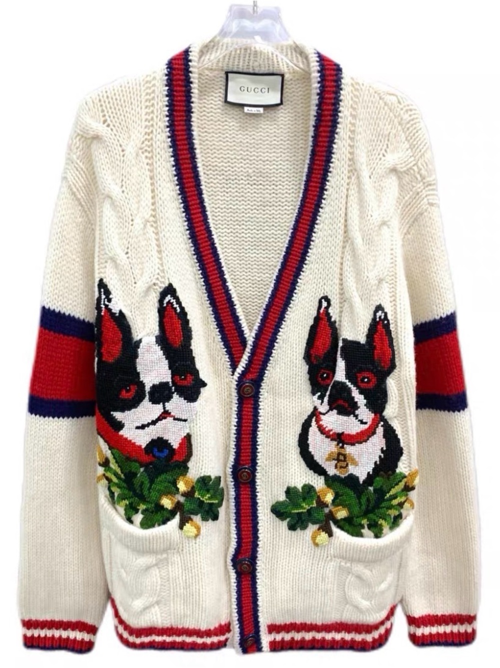 π©steal Gucci Cream Cable-Knit Cardigan with Red & Blue Trim and Dog Motifs